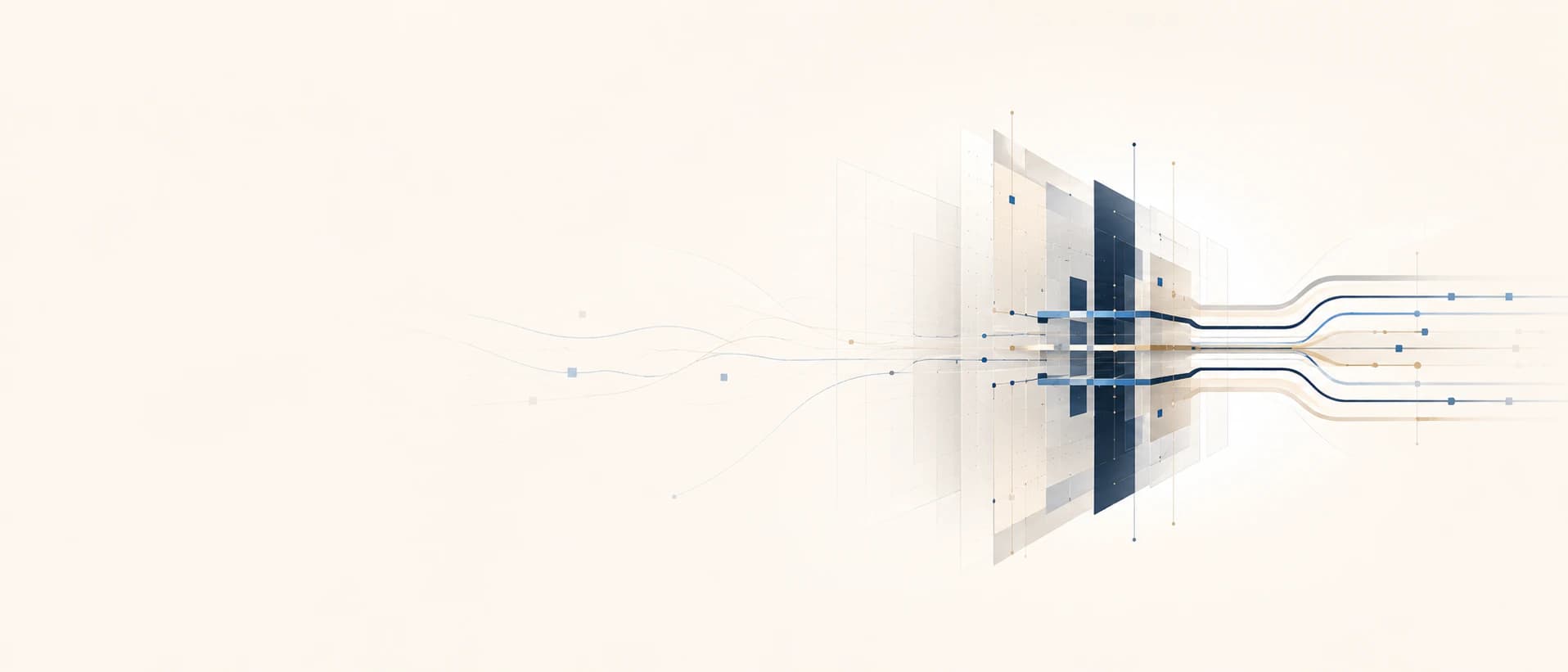 Fragmented agency inputs moving through a supervised AI orchestration layer into coordinated outputs.